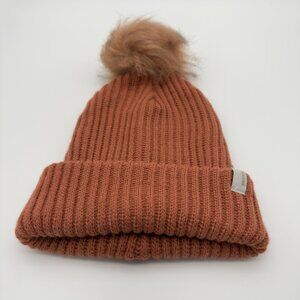 Brixton Kit Pom Beanie Rust Orange Rib Knit Faux Fur Cuff Cap One Size